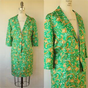 Vintage 1960s Suit, Green and Gold Silk Jacket and Skirt with Pockets, Two Piece